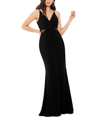 Vestido feminino Xscape com decote em V e detalhes em malha, preto, tamanho 12