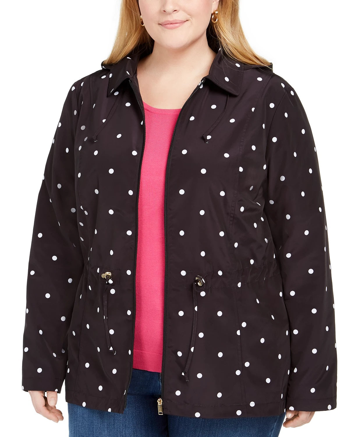 Jaqueta anoraque feminina plus size com estampa de bolinhas e capuz Charter Club, preta, tamanho 2X