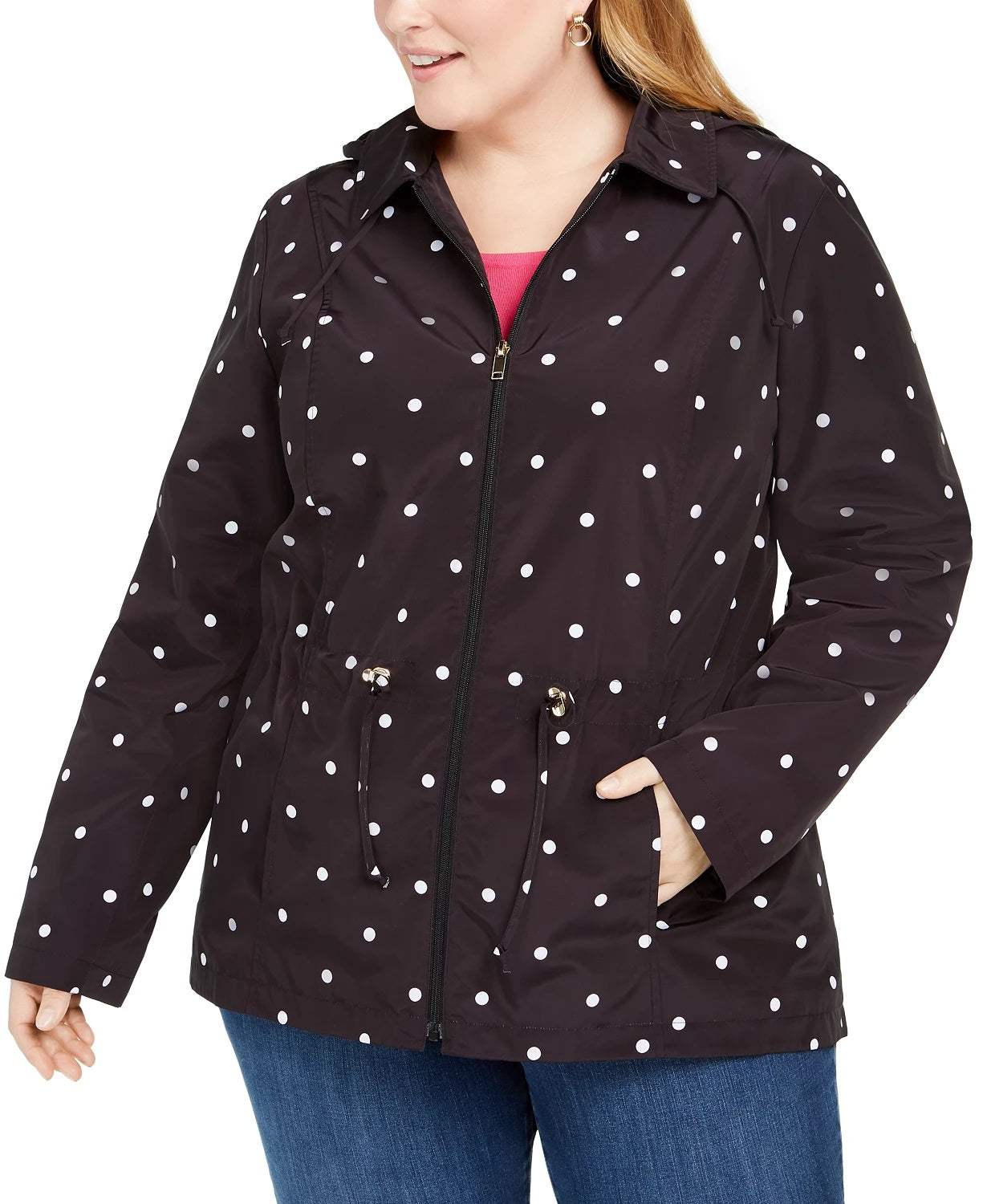 Jaqueta anoraque feminina plus size com estampa de bolinhas e capuz Charter Club, preta, tamanho 2X