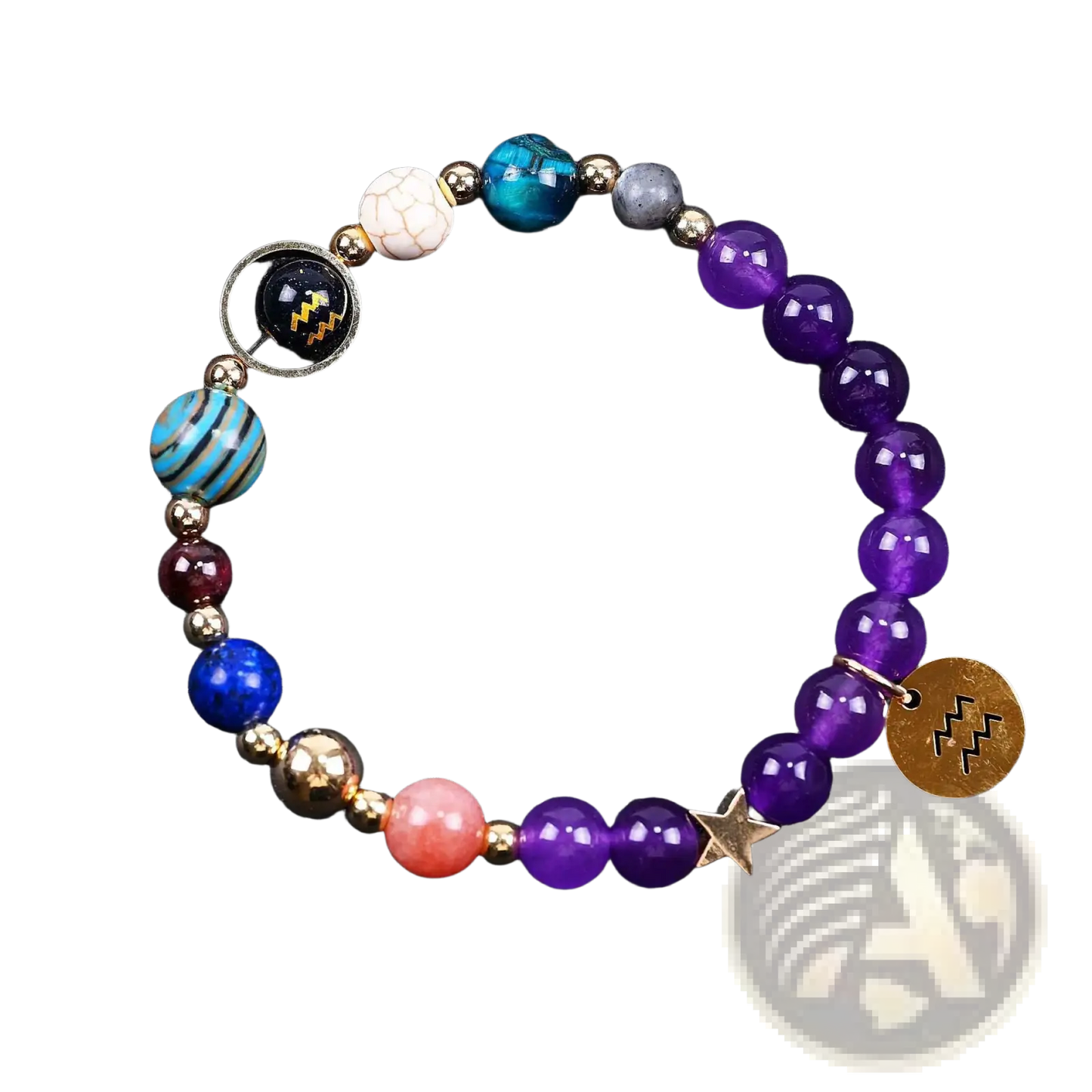 Natural Amethyst and Agate Twelve Zodiac Beaded Bracelet