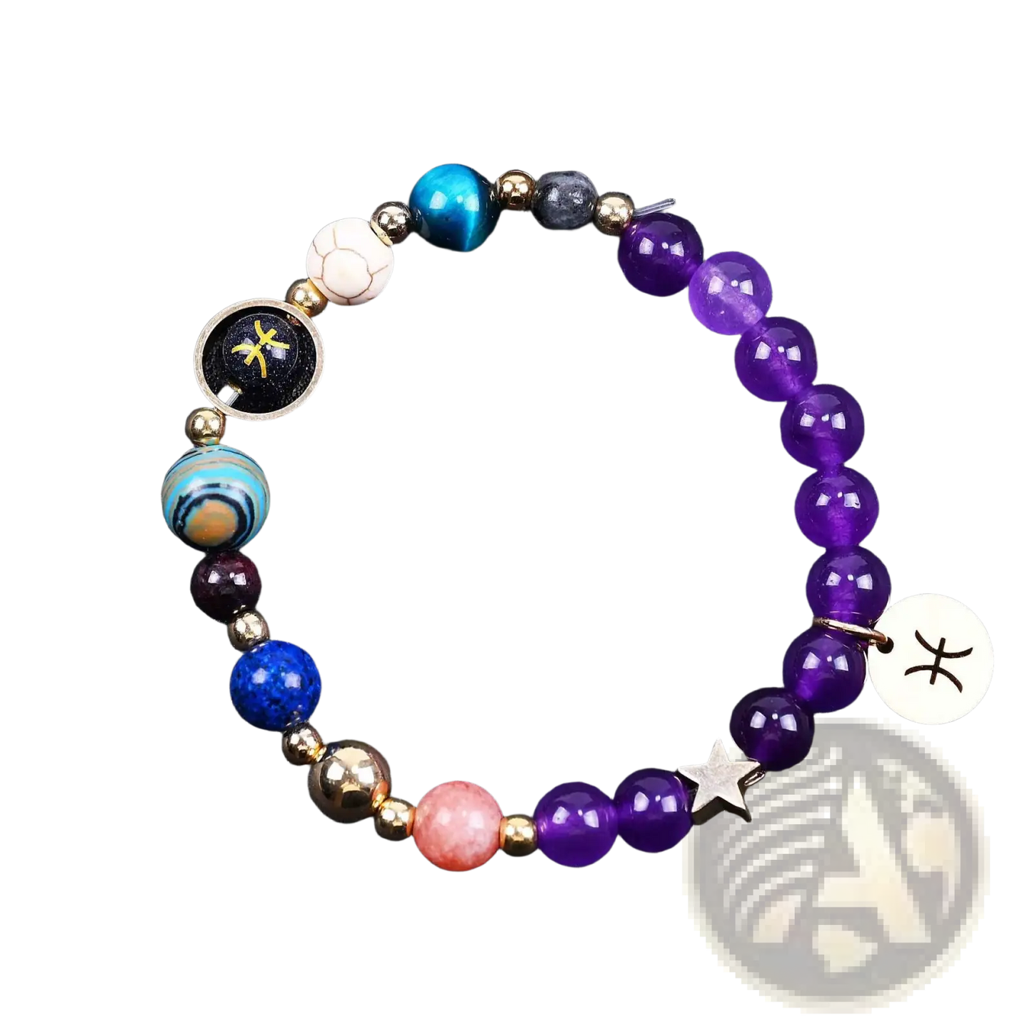 Natural Amethyst and Agate Twelve Zodiac Beaded Bracelet