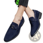 Navy Blue Suede Buckle Loafers with Non Slip Rubber Soles