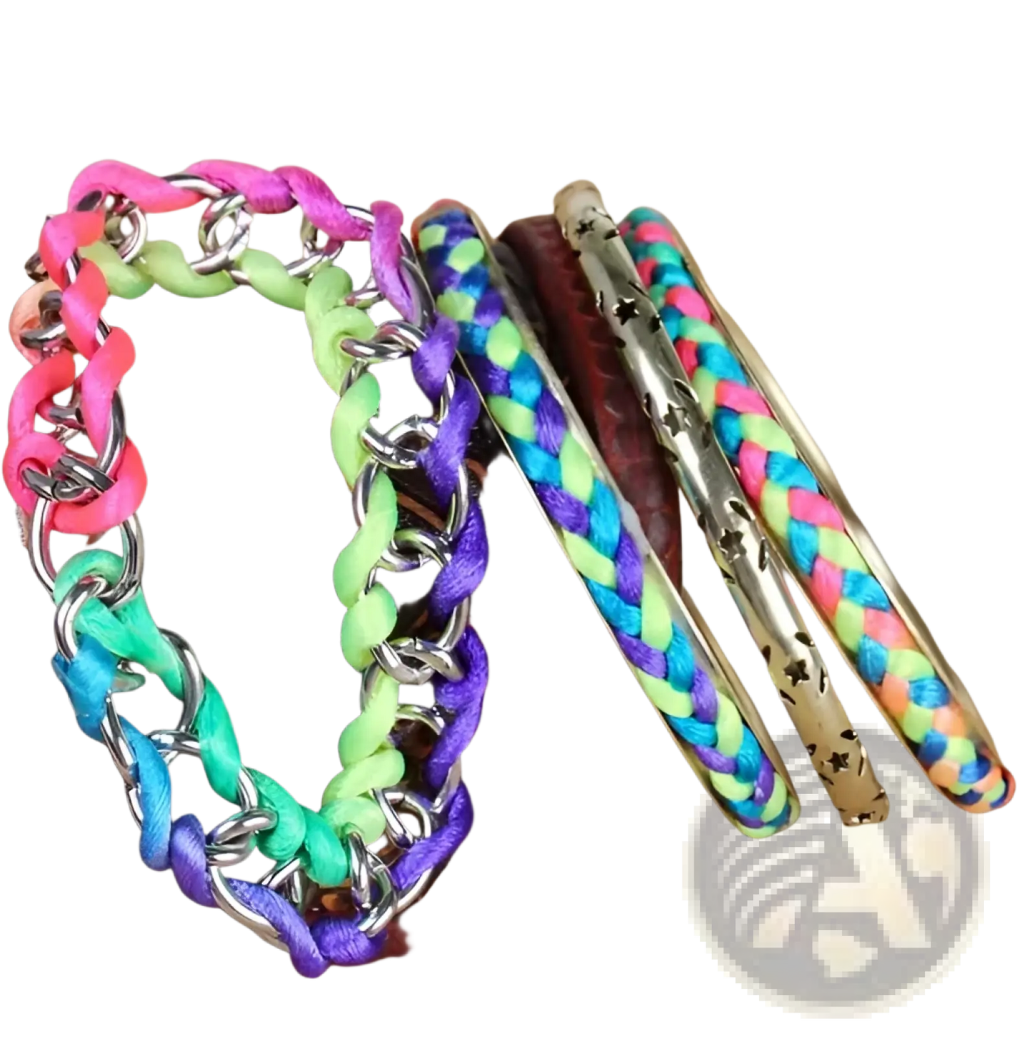 Neon Braided Gold Bangle Bracelet Set with Star Accents