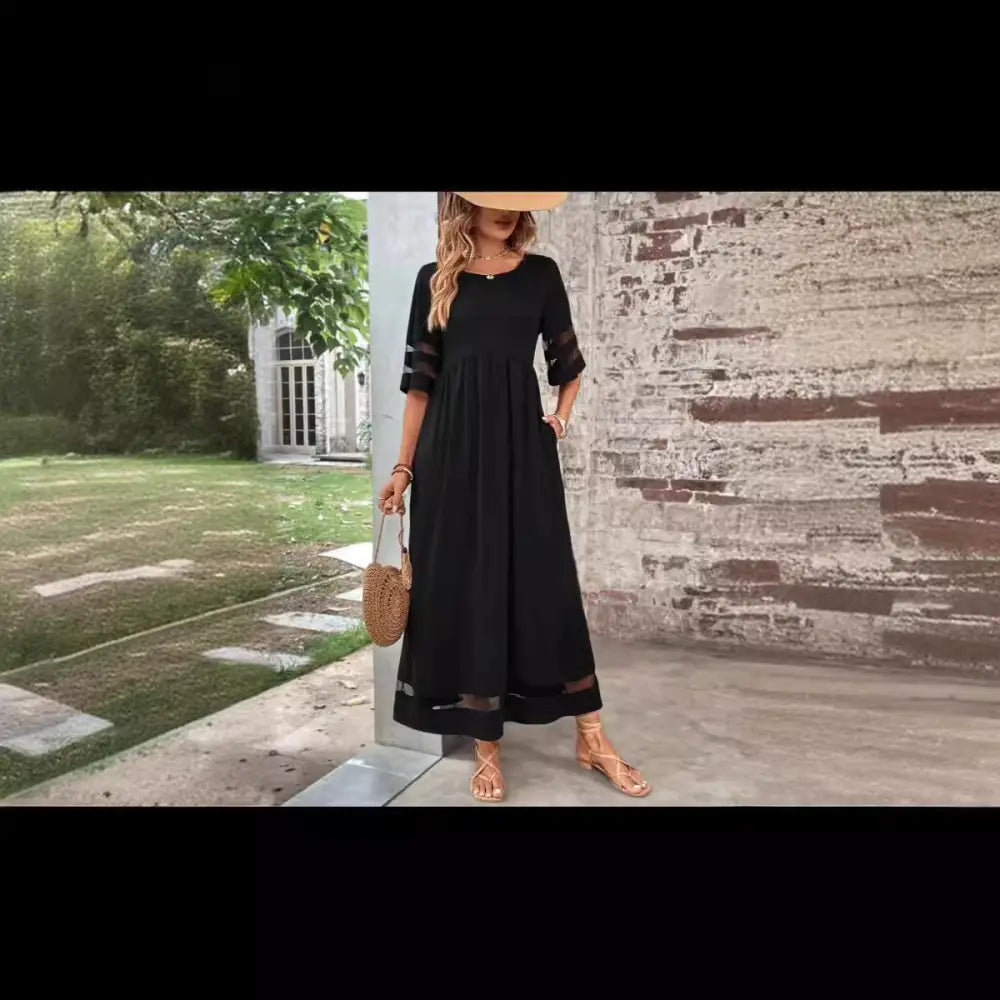 Mesh Patchwork Maxi Dress with Pockets and Sheer Accents
