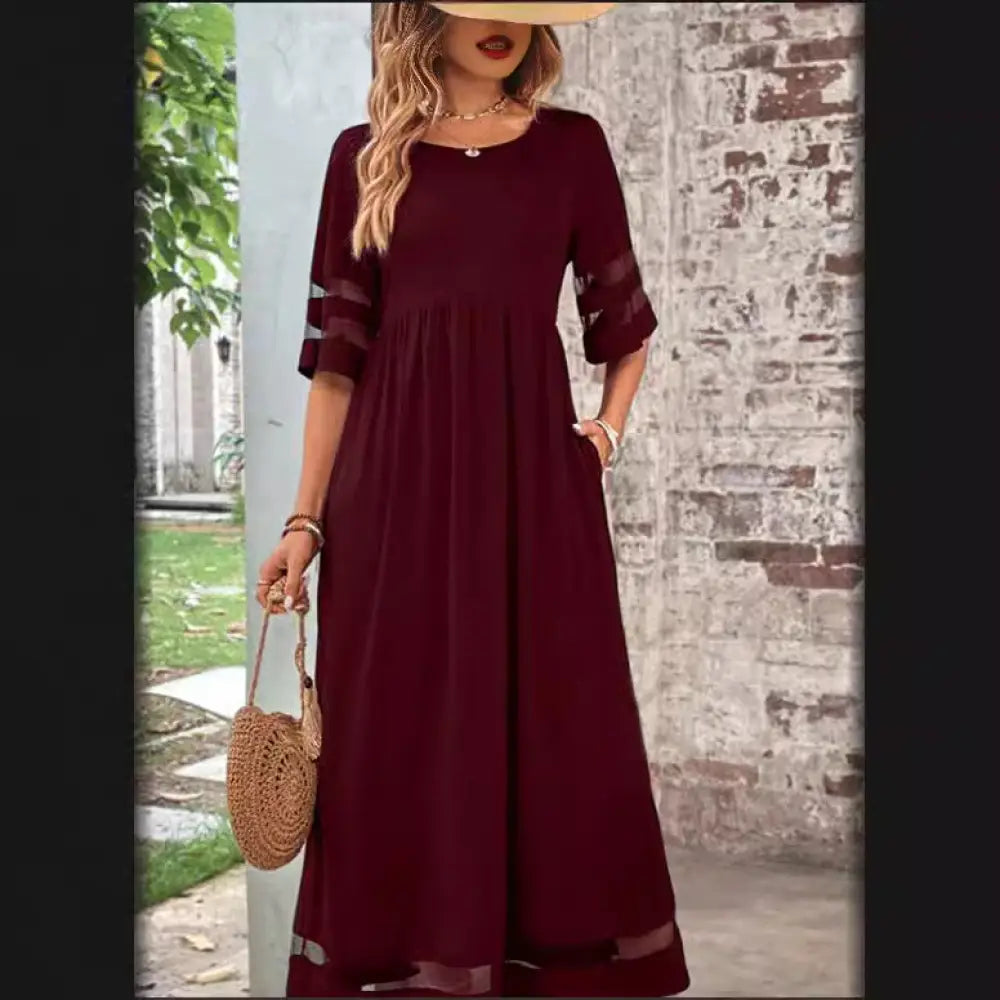 Mesh Patchwork Maxi Dress with Pockets and Sheer Accents