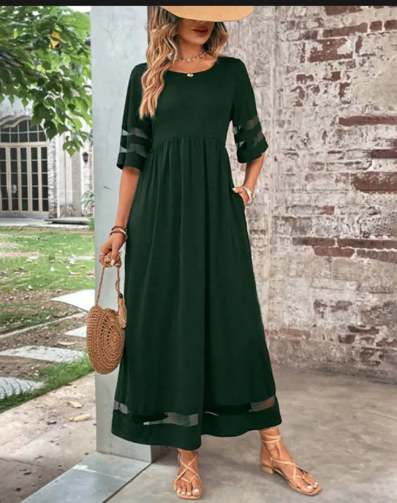 Mesh Patchwork Maxi Dress with Pockets and Sheer Accents