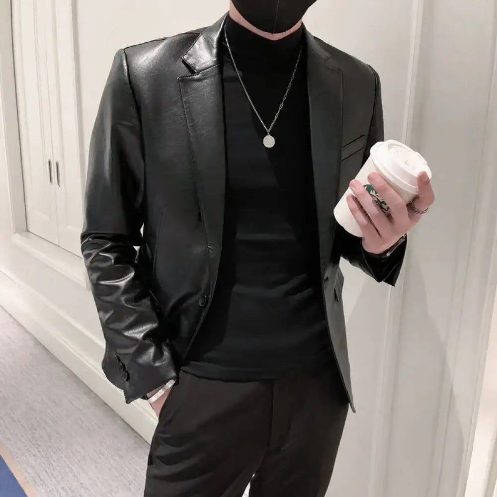 Men's Slim Fit Korean Polo Collar Pu Leather Jacket