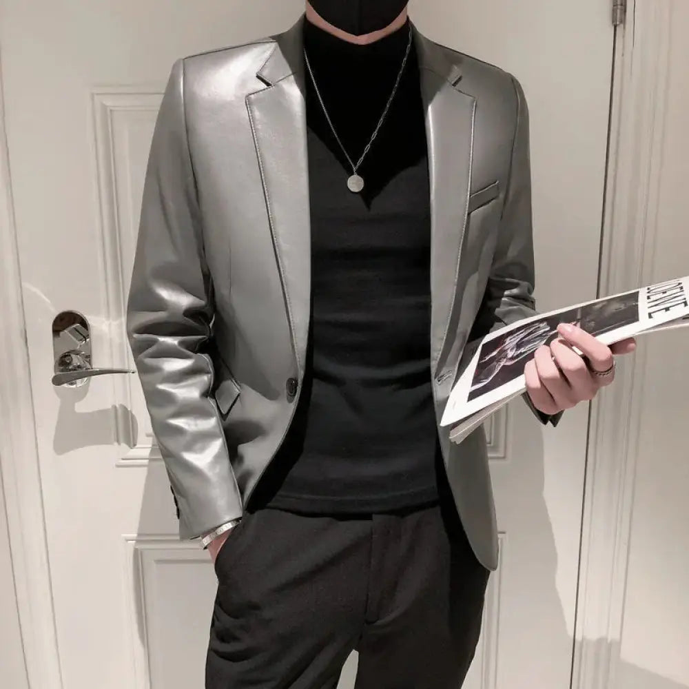Men's Slim Fit Korean Polo Collar Pu Leather Jacket