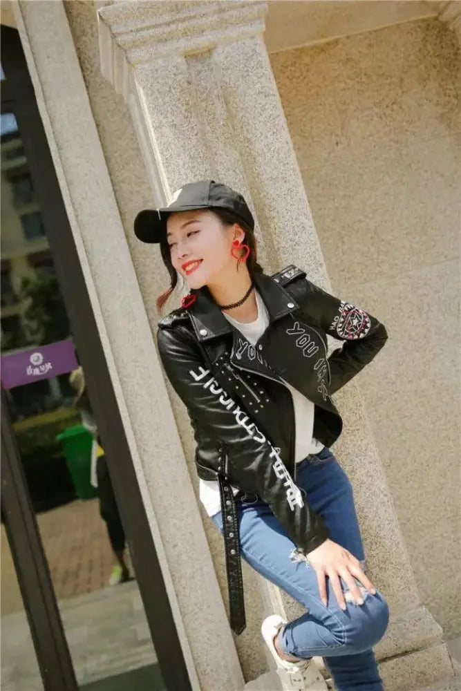 Studded Eye Embroidered Black Faux Leather Biker Jacket