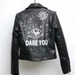 Studded Eye Embroidered Black Faux Leather Biker Jacket