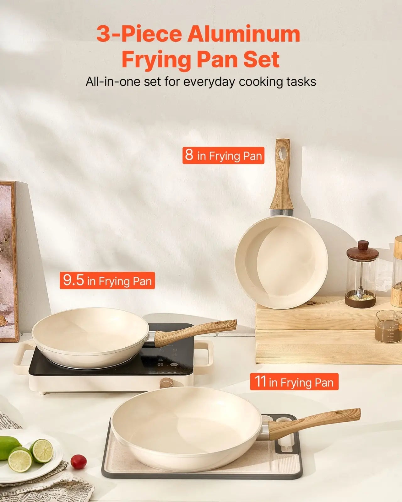 Nonstick Ceramic Frying Pan Set 3 Piece Beige