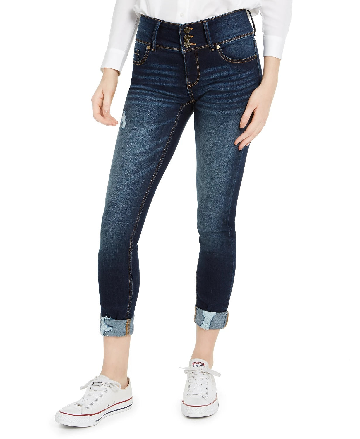 Calça jeans skinny Indigo Rein Junior, cintura média, com três botões, azul, tamanho 5