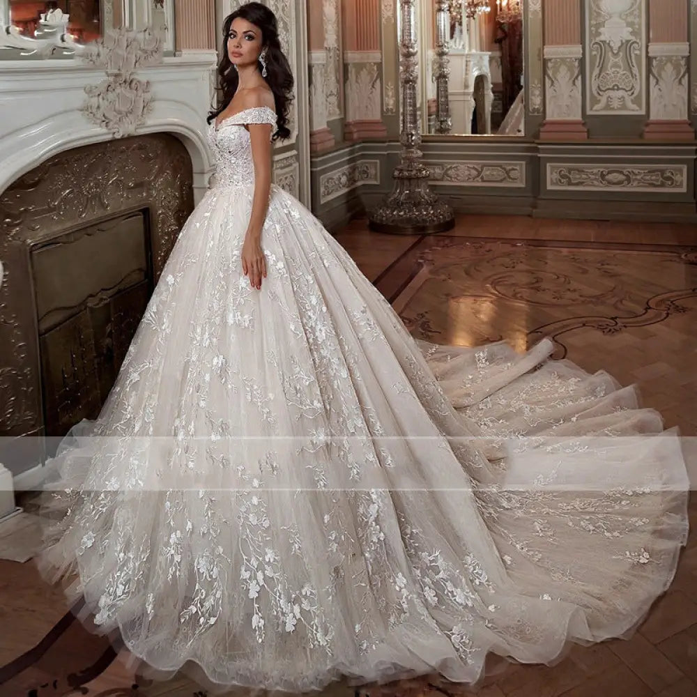 French Mori Embroidered Off-shoulder Tulle Wedding Dress