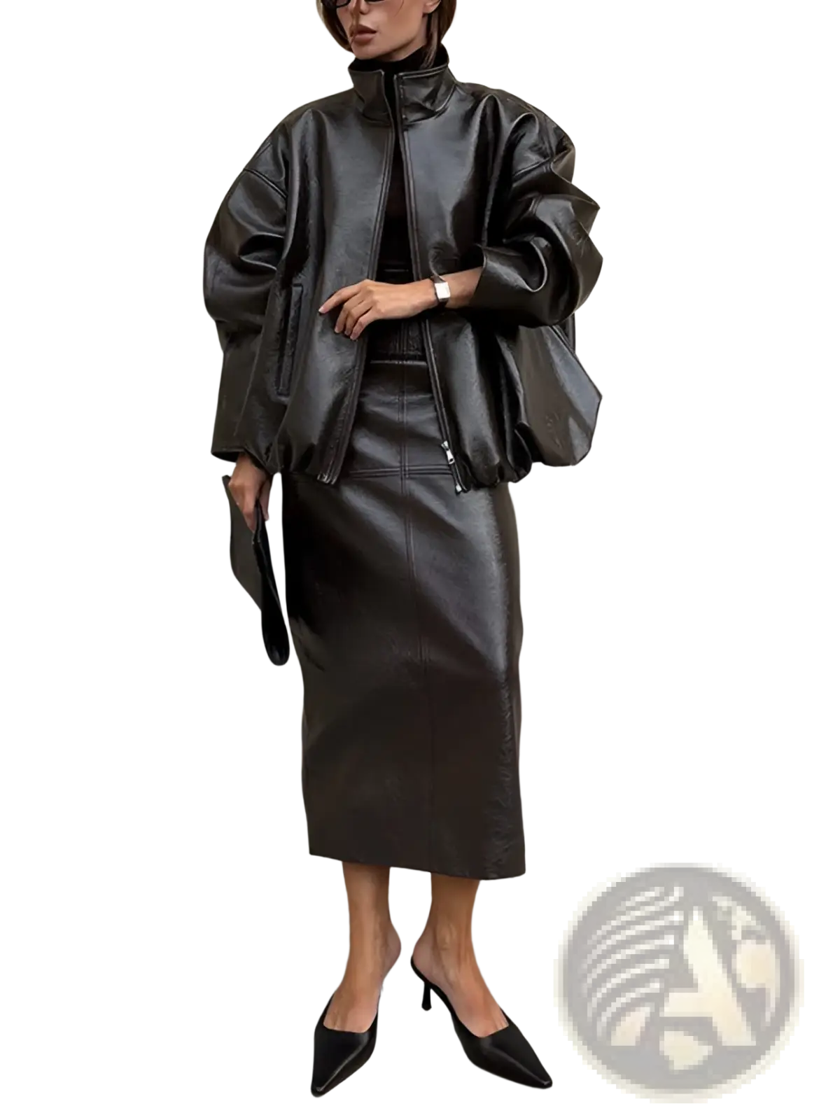 Olive Green Patent Leather Jacket and Midi Skirt Set