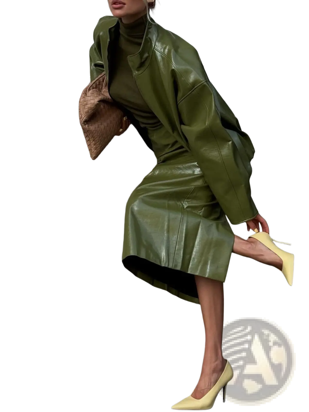 Olive Green Patent Leather Jacket and Midi Skirt Set