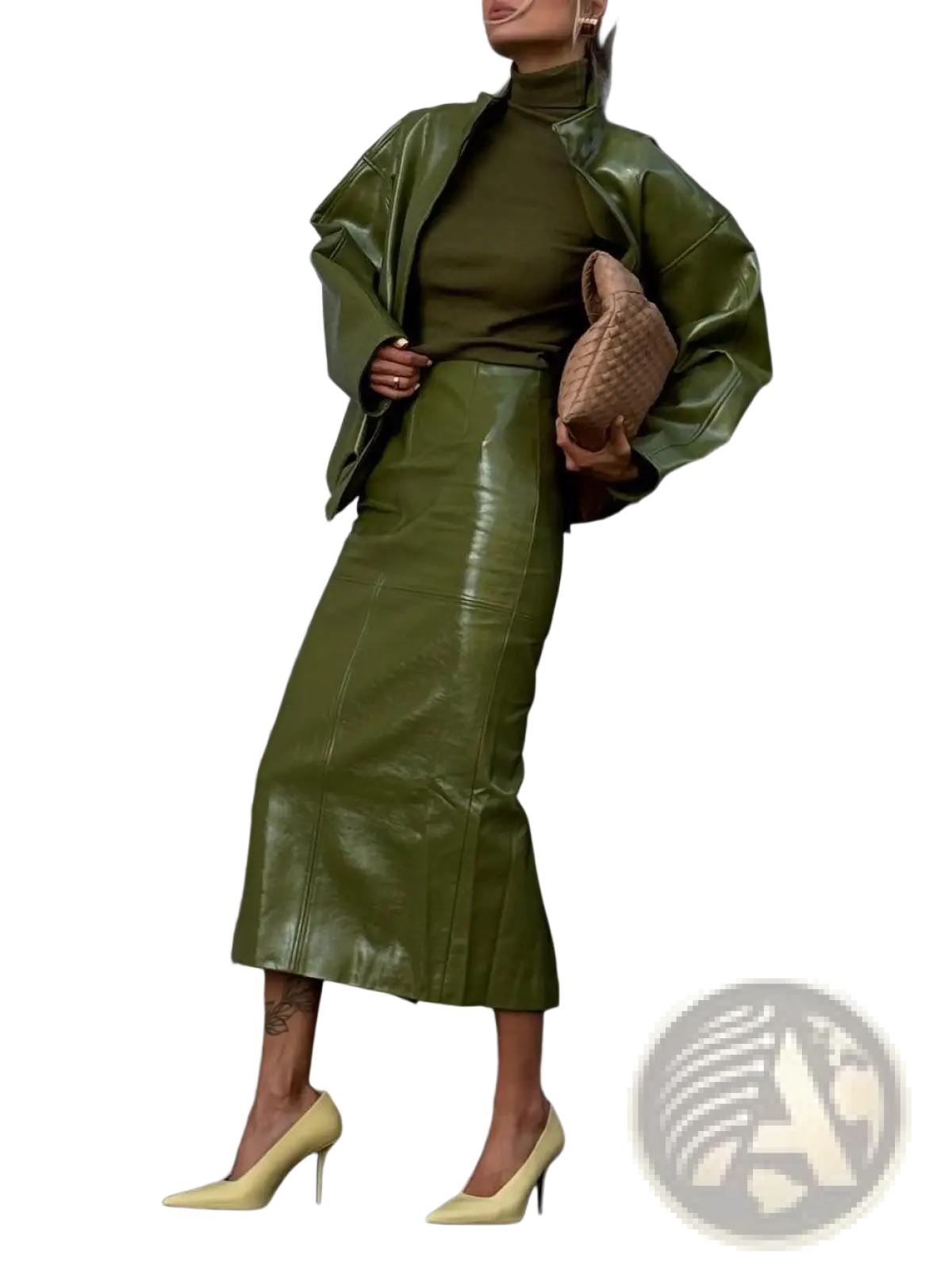 Olive Green Patent Leather Jacket and Midi Skirt Set