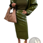 Olive Green Patent Leather Jacket and Midi Skirt Set