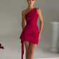 Beige Satin Ruched one Shoulder Backless Mini Dress