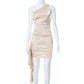 Beige Satin Ruched one Shoulder Backless Mini Dress