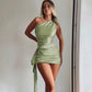 Beige Satin Ruched one Shoulder Backless Mini Dress