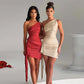 Beige Satin Ruched one Shoulder Backless Mini Dress