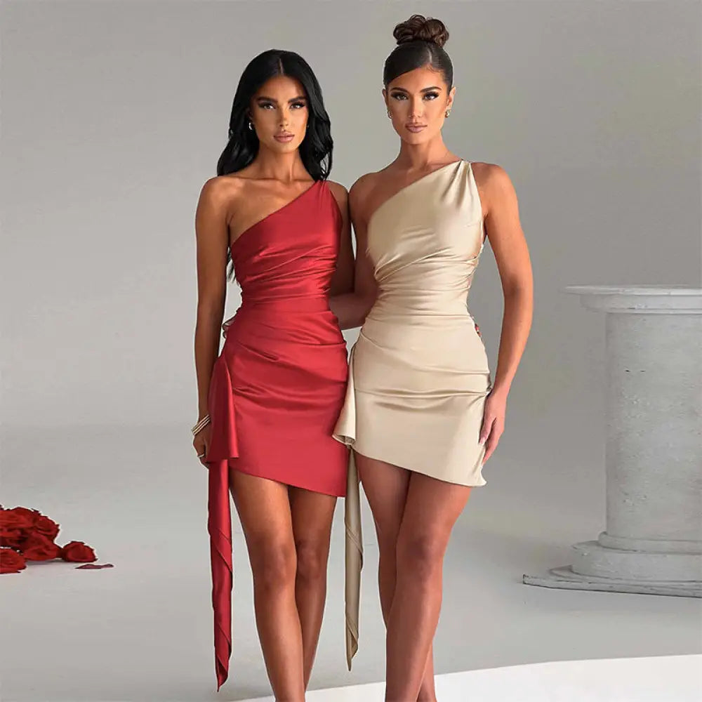 Beige Satin Ruched one Shoulder Backless Mini Dress