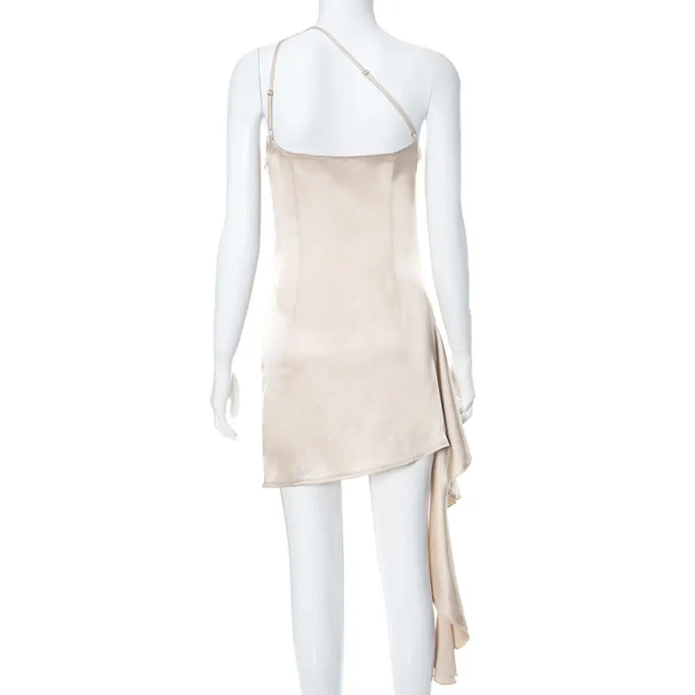 Beige Satin Ruched one Shoulder Backless Mini Dress