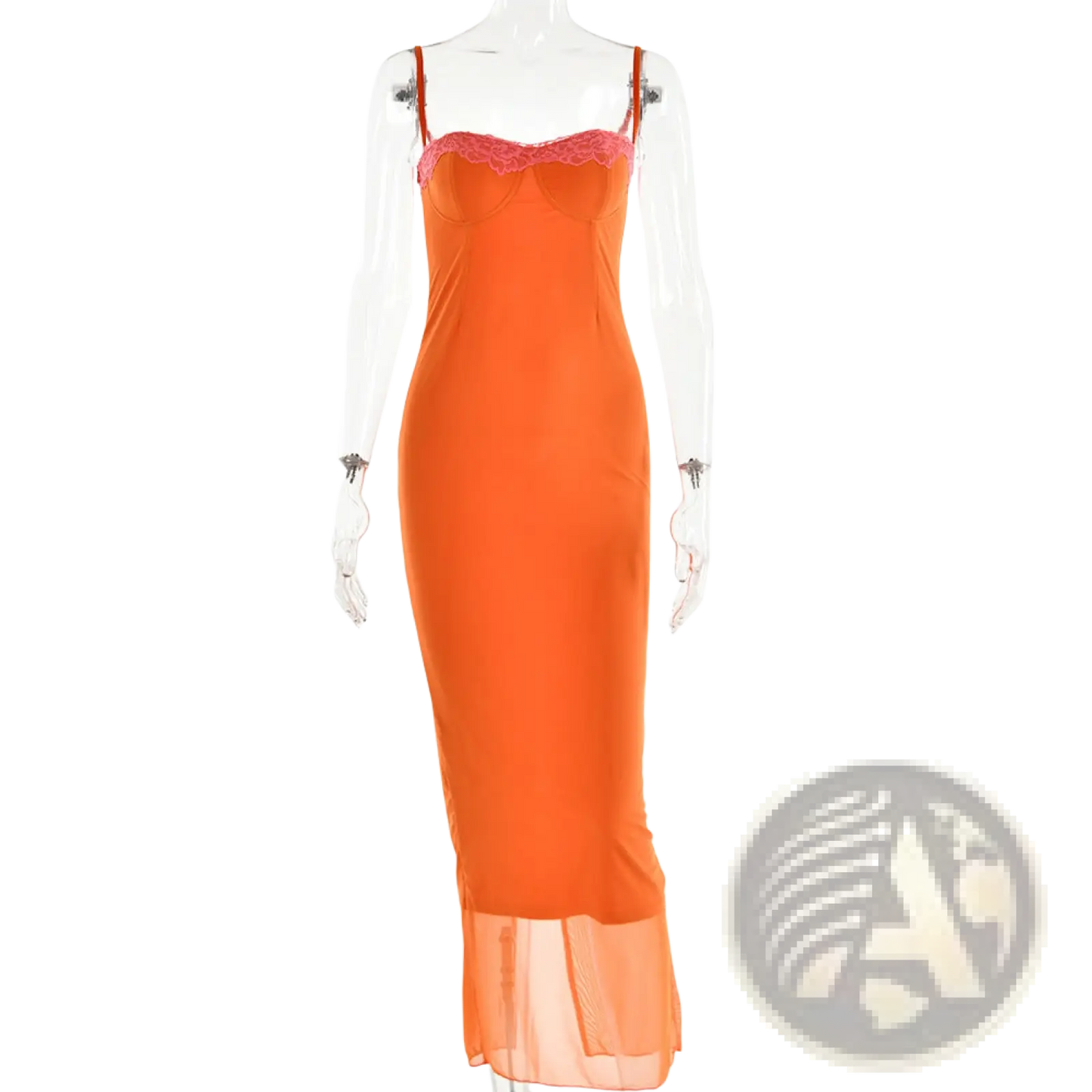 Orange Lace Trim Mesh Midi Dress