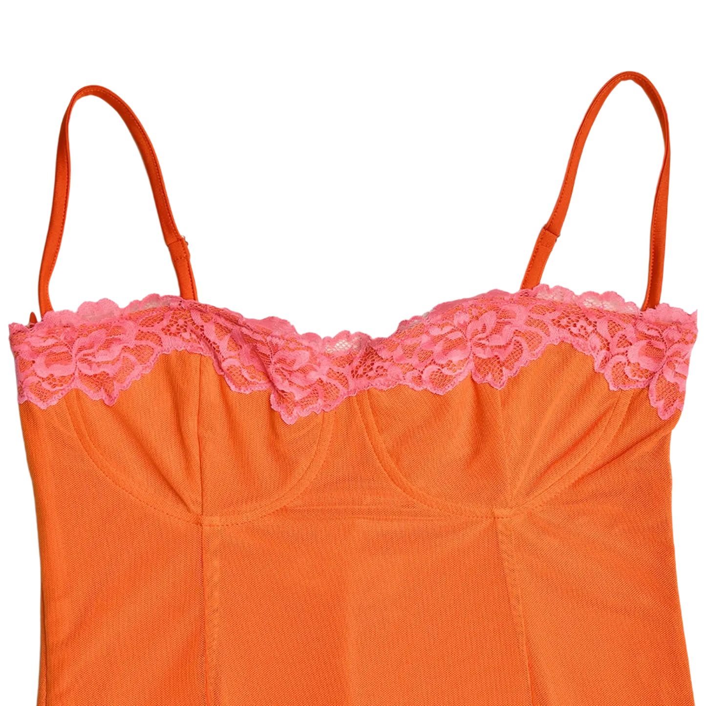 Orange Lace Trim Mesh Midi Dress