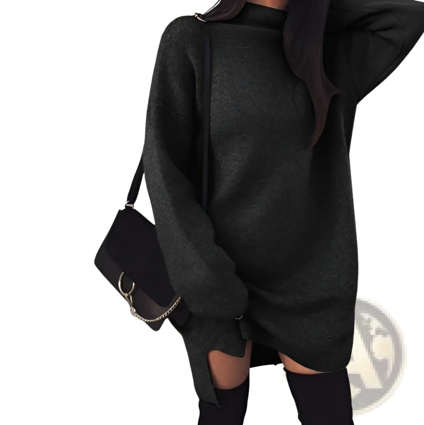 Oversized High Neck Knit Sweater Dress with Side Slits