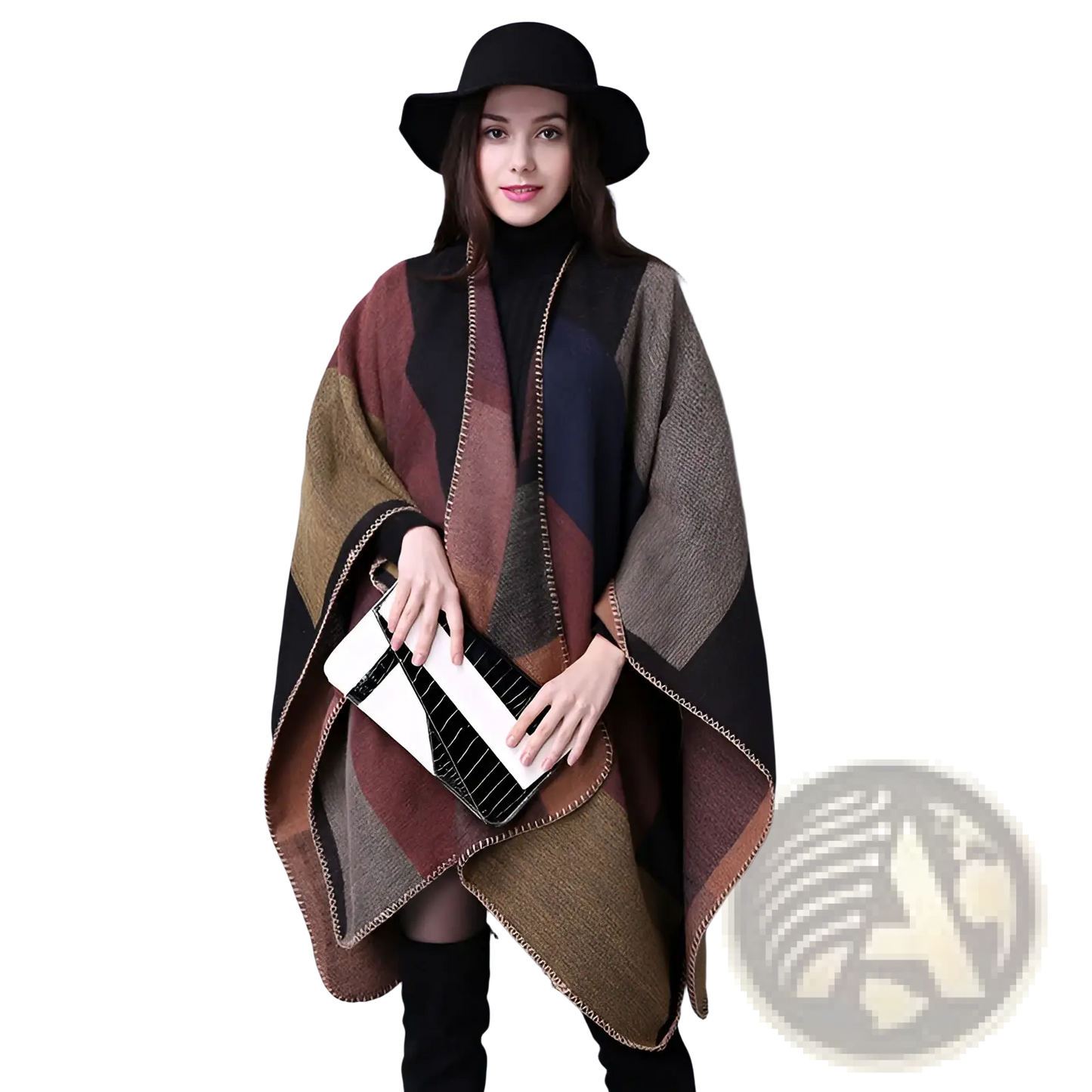Oversized Plaid Woolen Cape Geometric Travel Shawl