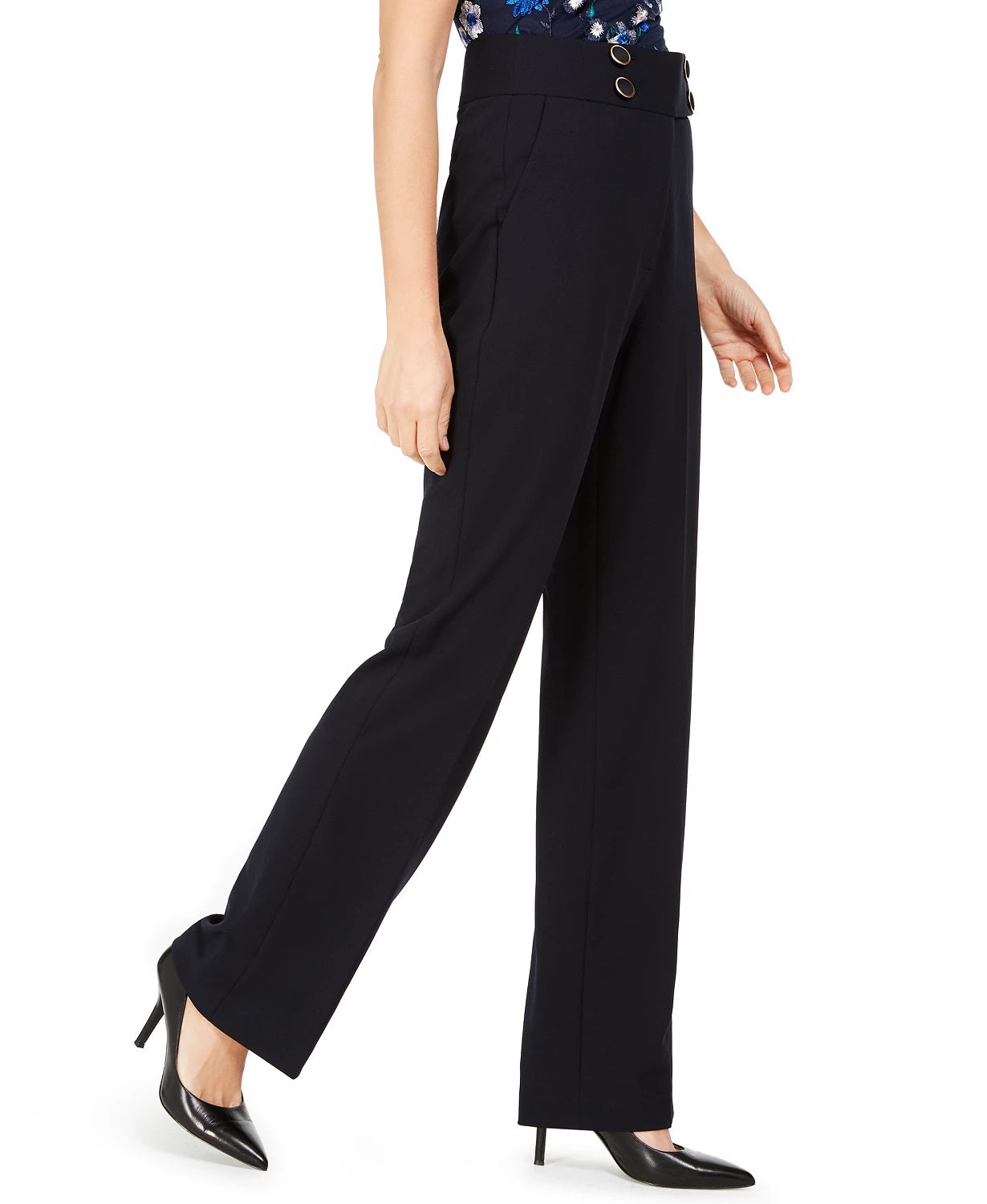 Calça social feminina Calvin Klein cintura alta com botões azul marinho tamanho 10 pequena