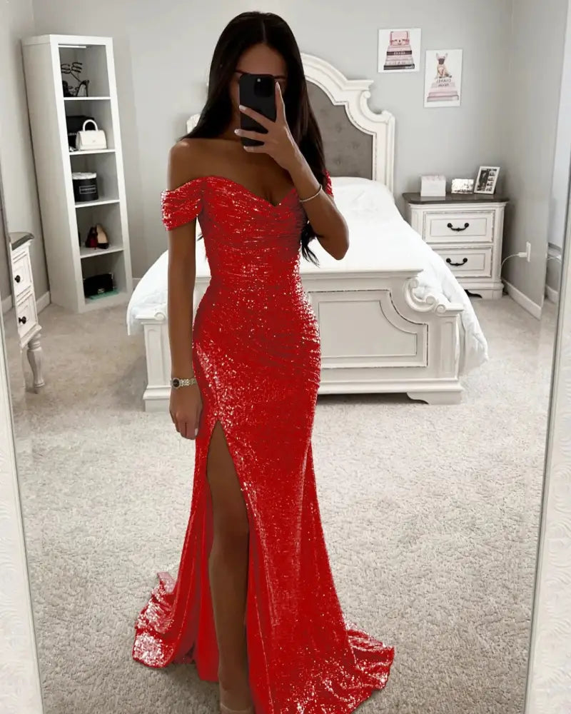 Off the Shoulder Sequin Split Mermaid Gown