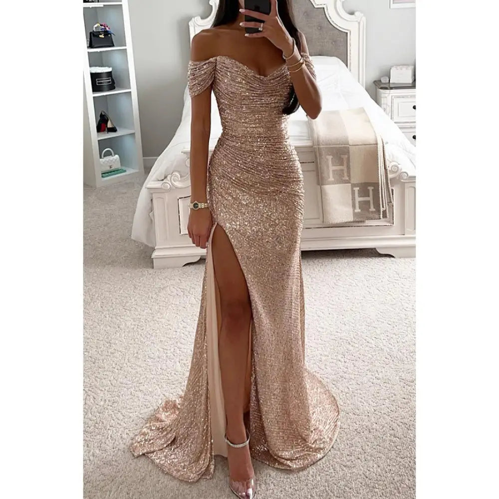 Off the Shoulder Sequin Split Mermaid Gown