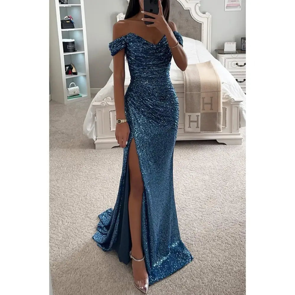 Off the Shoulder Sequin Split Mermaid Gown