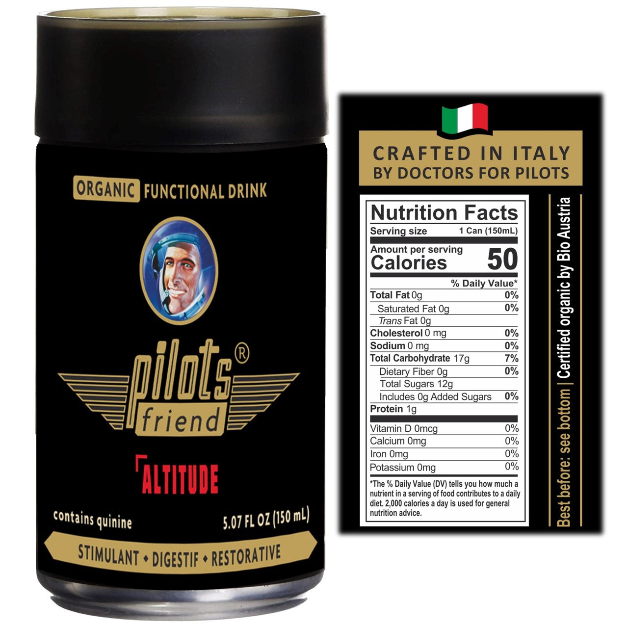 Bebida Funcional Orgânica PilotsFriend Altitude - Fórmula Estimulante, Digestiva e Restauradora 3 em 1 - Totalmente Natural, Vegana e NÃO OGM 5,07 FL Oz (150 mL) - Pacote com 24
