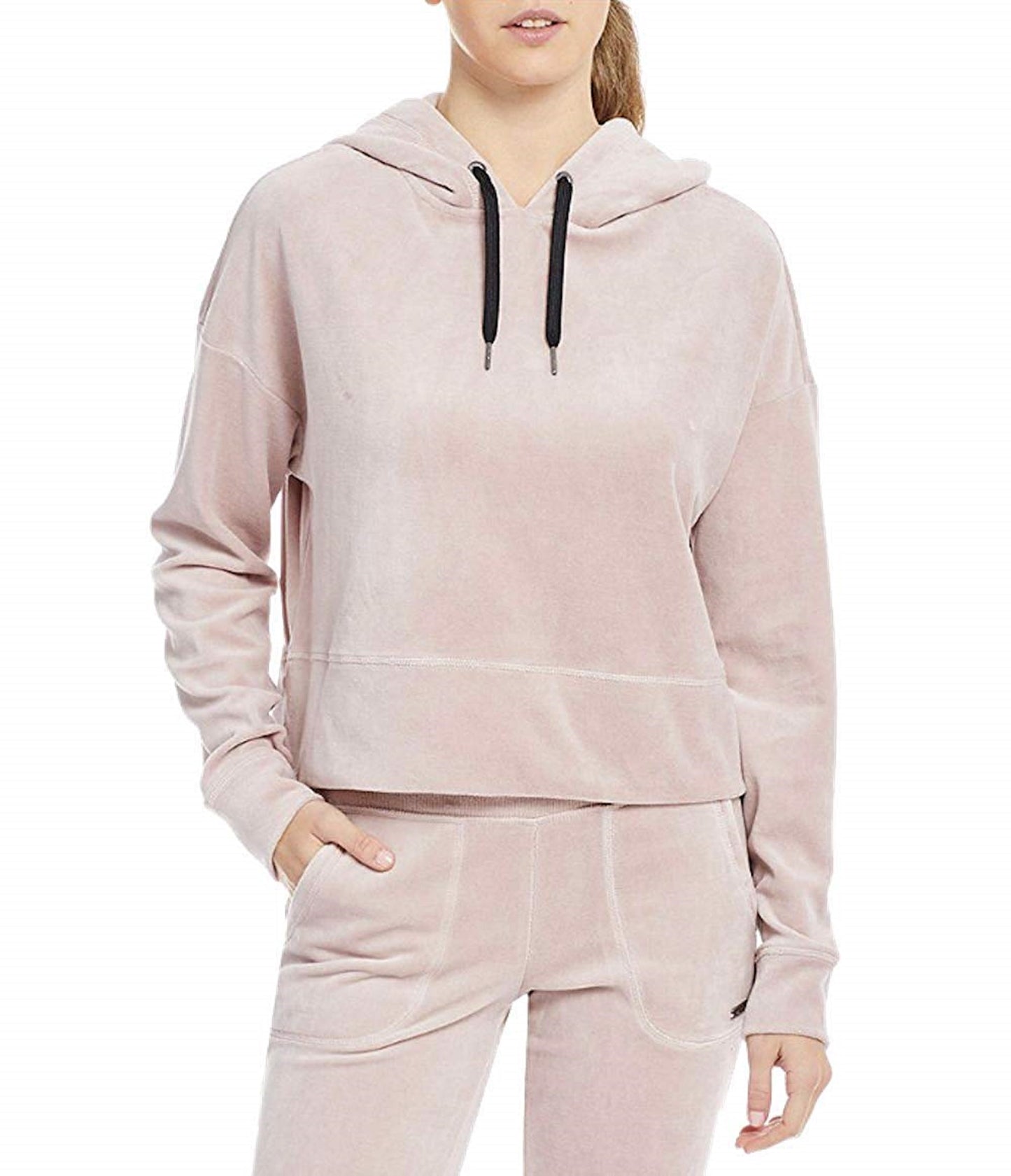 Calvin Klein Performance Moletom feminino de veludo com capuz e zíper e cordão, rosa, tamanho grande