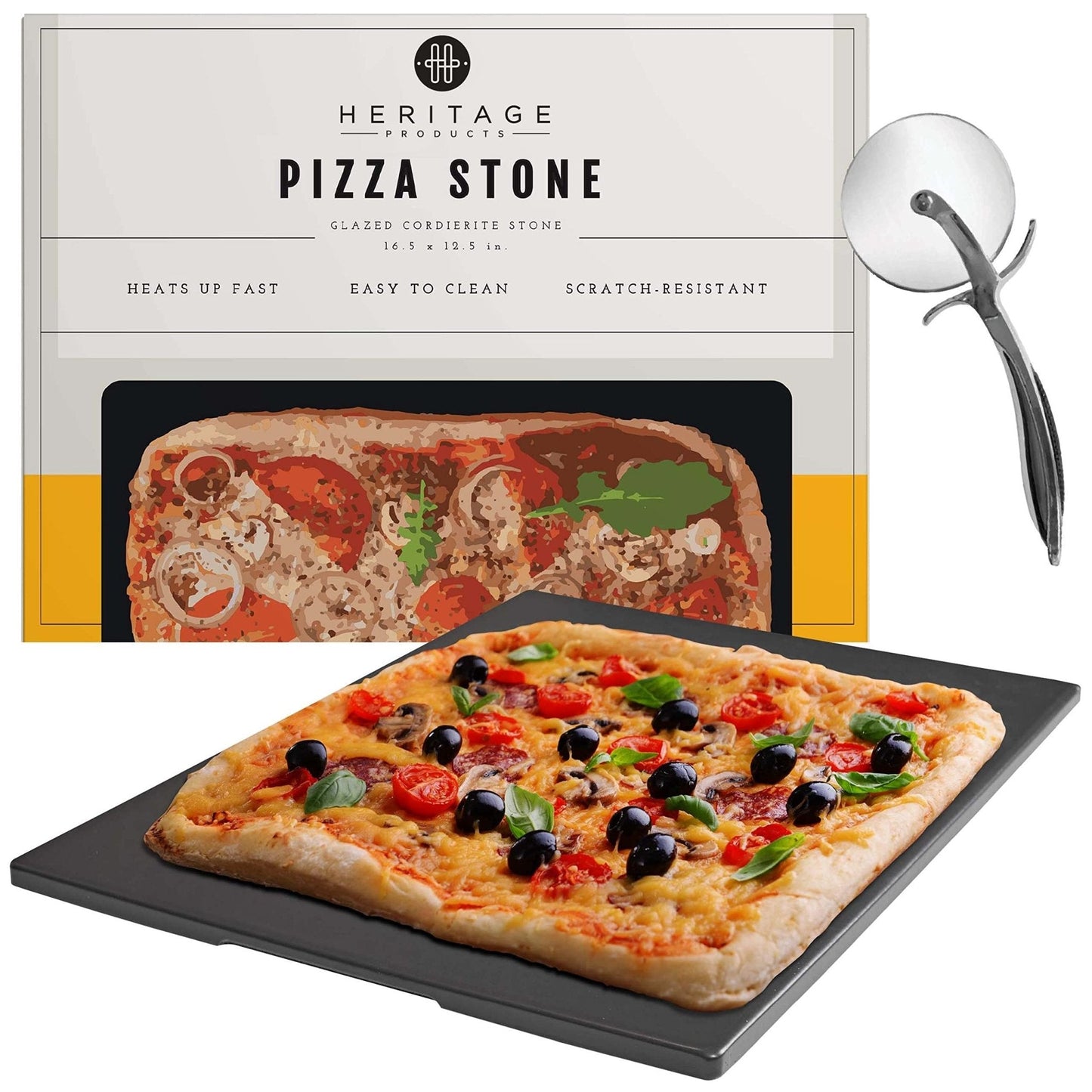 Conjunto de pedras de cerâmica para pizza Heritage de 15" - Antiaderente, sem manchas, com cortador bônus - Preto 