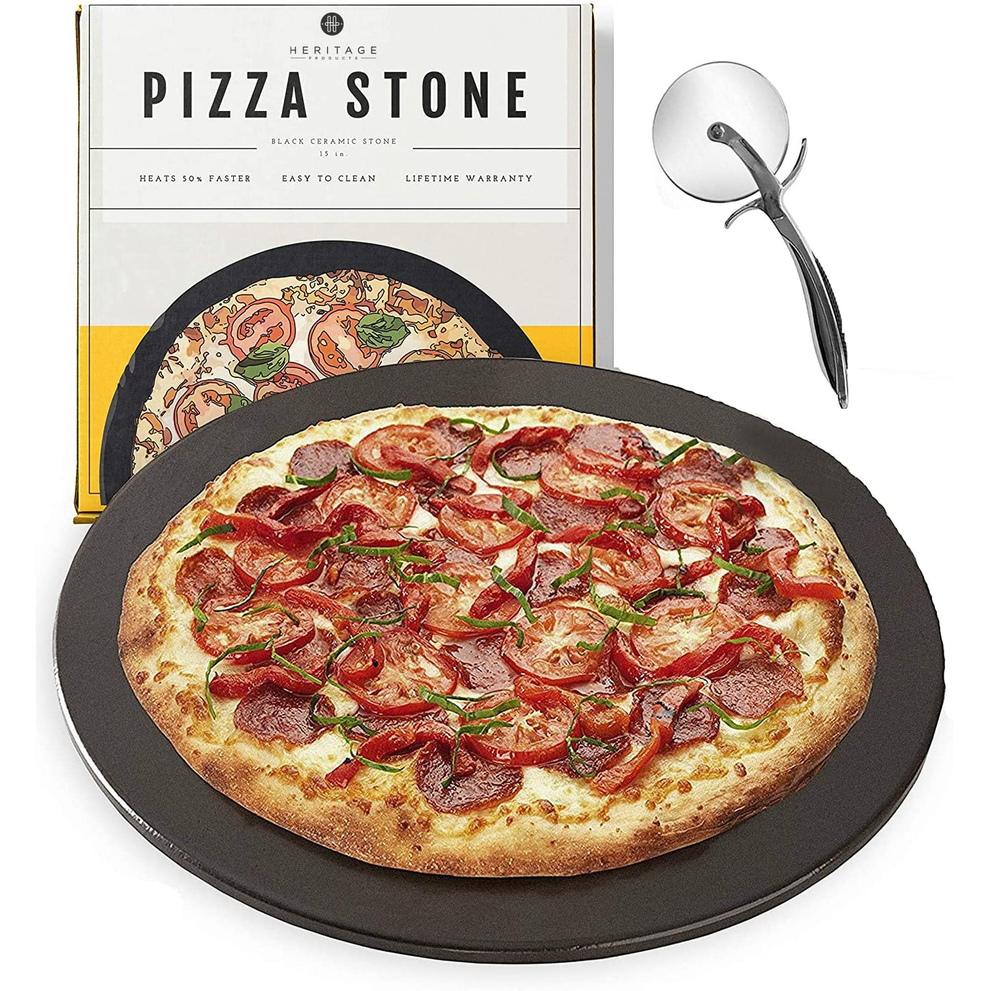 Conjunto de pedras de cerâmica para pizza Heritage de 15" - Antiaderente, sem manchas, com cortador bônus - Preto 