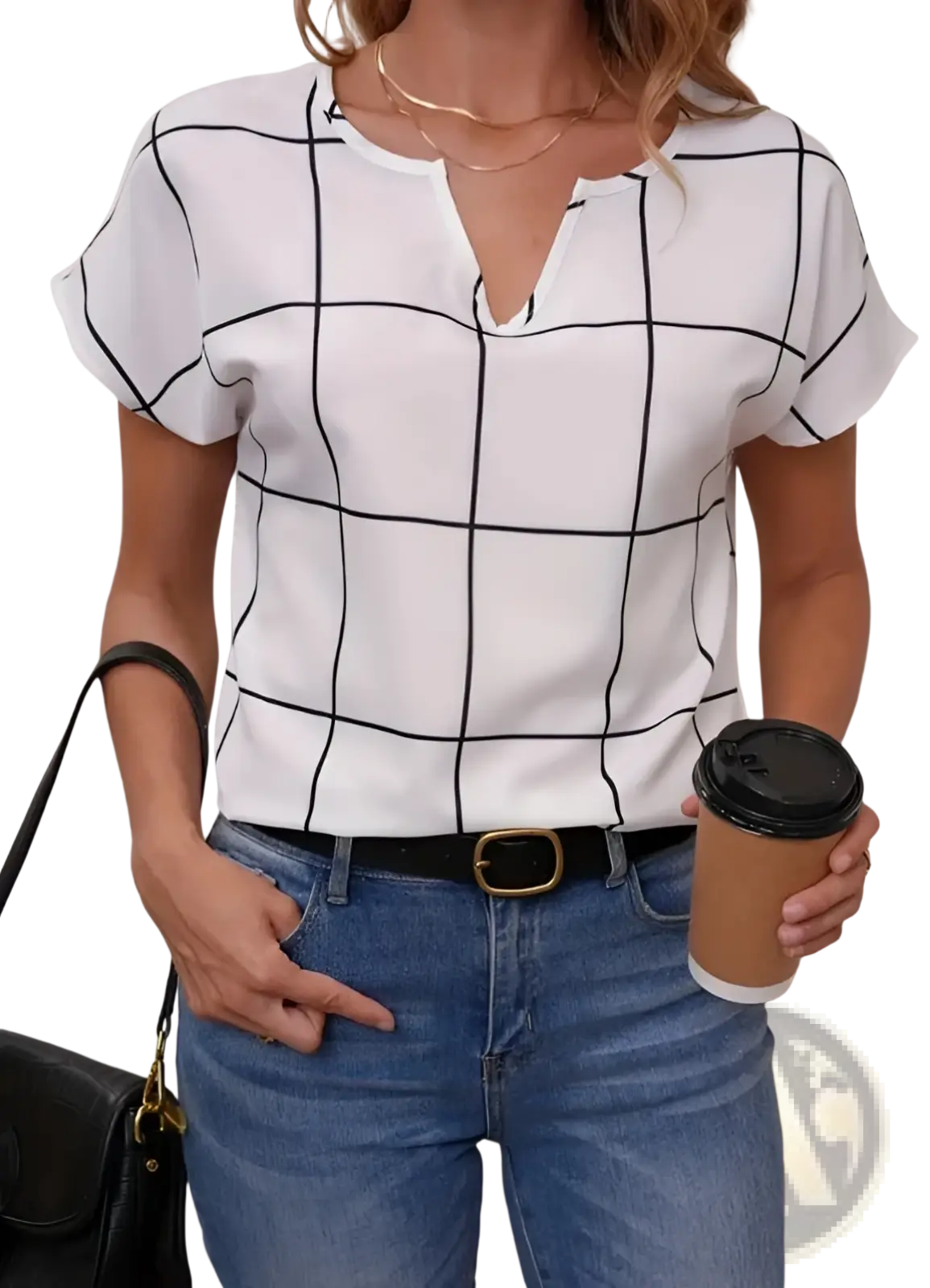 Plaid Notched Neck Short Sleeve Blouse for Women