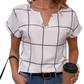 Plaid Notched Neck Short Sleeve Blouse for Women