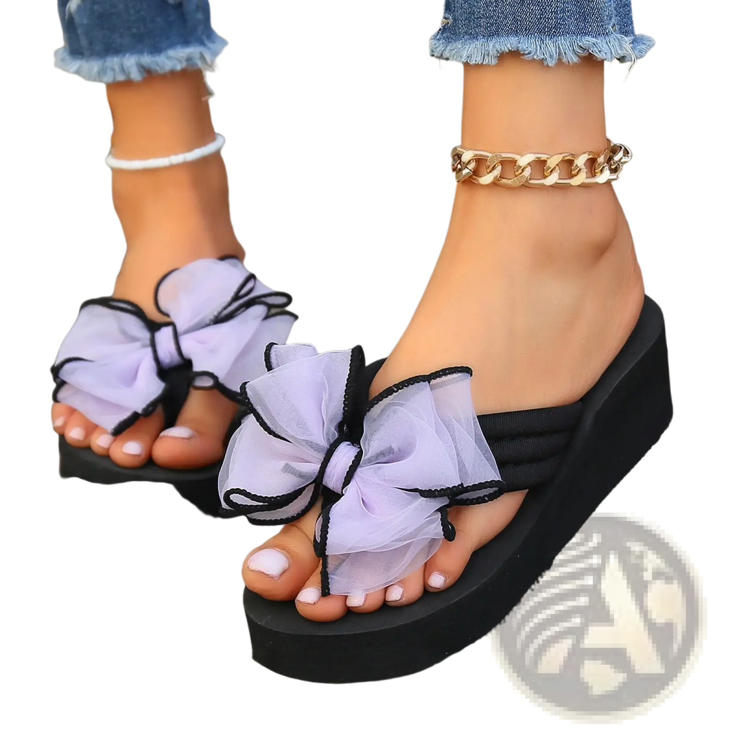 Platform Flip Flops with Large Sheer Bow Accent