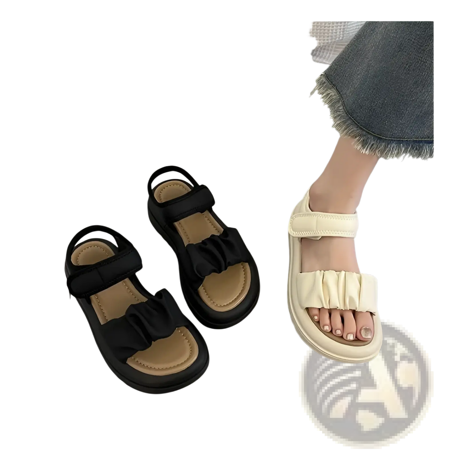 Platform Sandals for Women with Ruched Straps and Thick Soles
