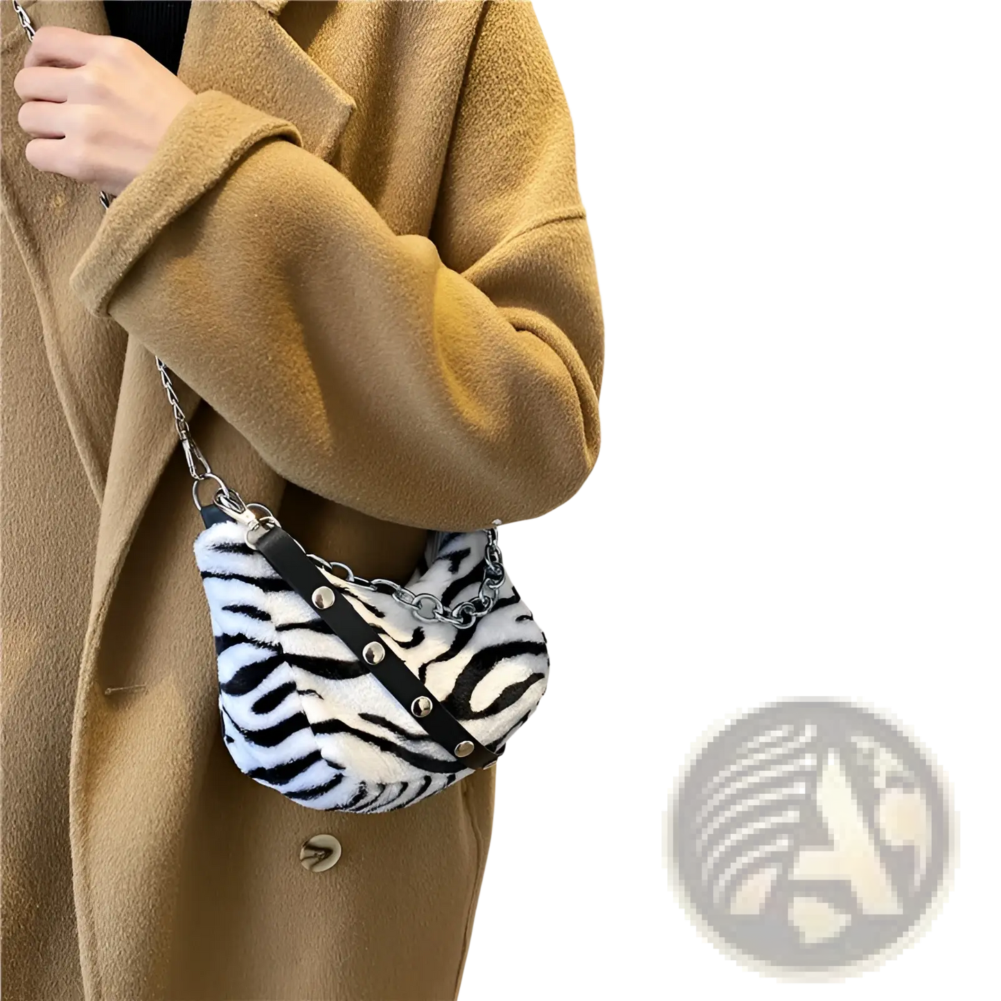 Plush Animal Print Baguette Bag with Silver Chain Strap