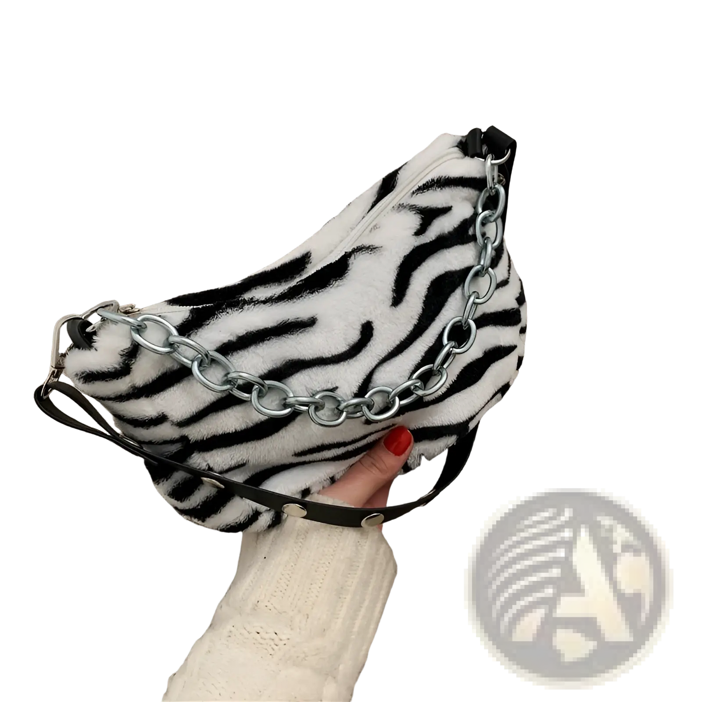 Plush Animal Print Baguette Bag with Silver Chain Strap