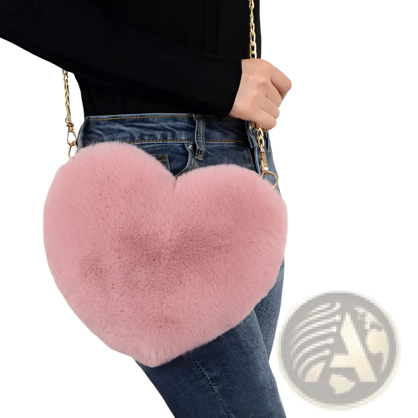 Plush Faux Fur Heart Shaped Crossbody Bag with Gold Chain