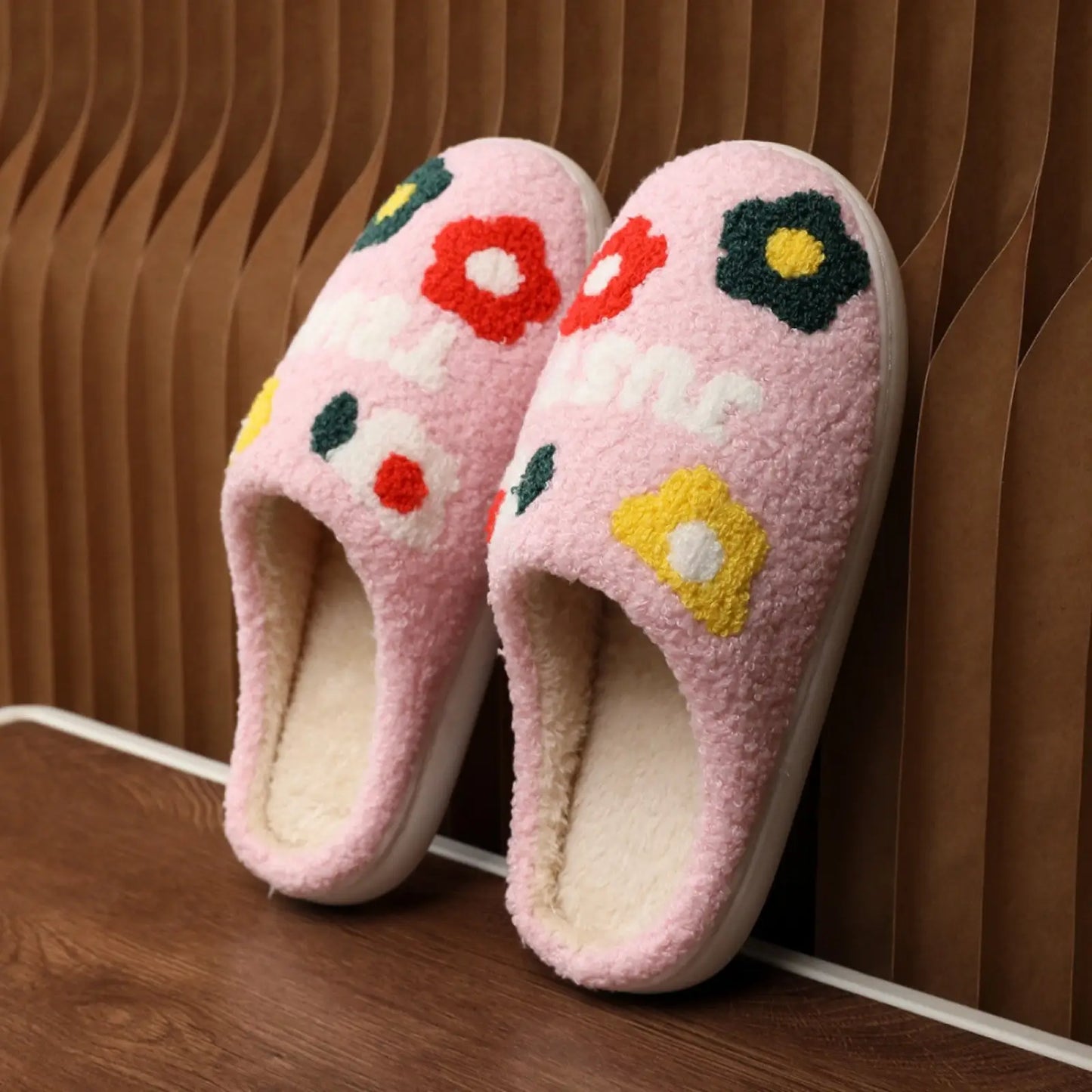 Plush Floral Cotton Slippers with Soft Tpr Sole