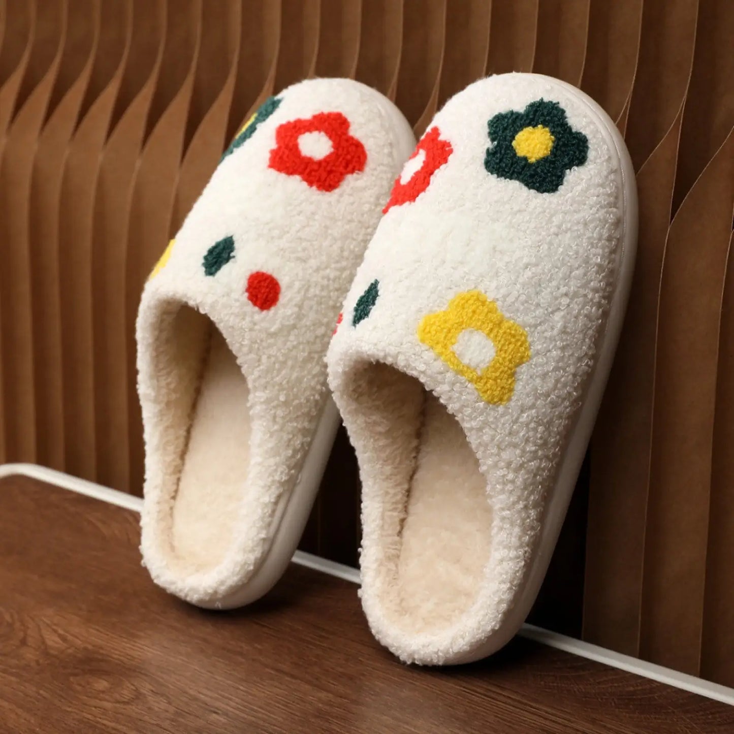 Plush Floral Cotton Slippers with Soft Tpr Sole