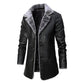 Men's Leather Long Coat with Plush Fleece Lapel