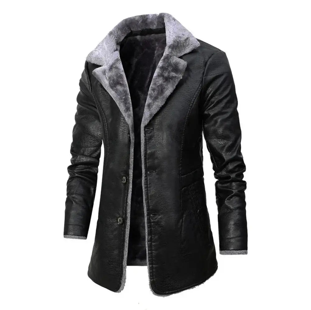 Men's Leather Long Coat with Plush Fleece Lapel